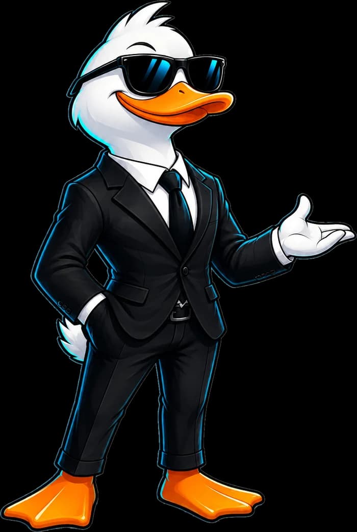 Mascote da DuckCo: um pato de terno preto e óculos escuros, com a mão aberta, apresentando
